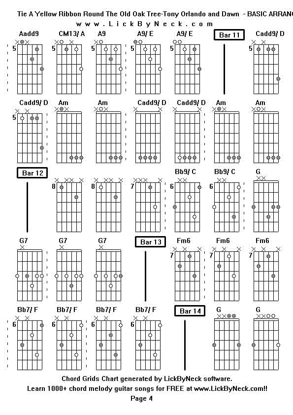 Chord Grids Chart of chord melody fingerstyle guitar song-Tie A Yellow Ribbon Round The Old Oak Tree-Tony Orlando and Dawn  - BASIC ARRANGEMENT,generated by LickByNeck software.